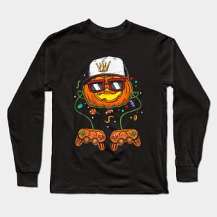 Halloween Gamer Costume Scary Pumpkin Mens Boys Video Gamer Long Sleeve T-Shirt